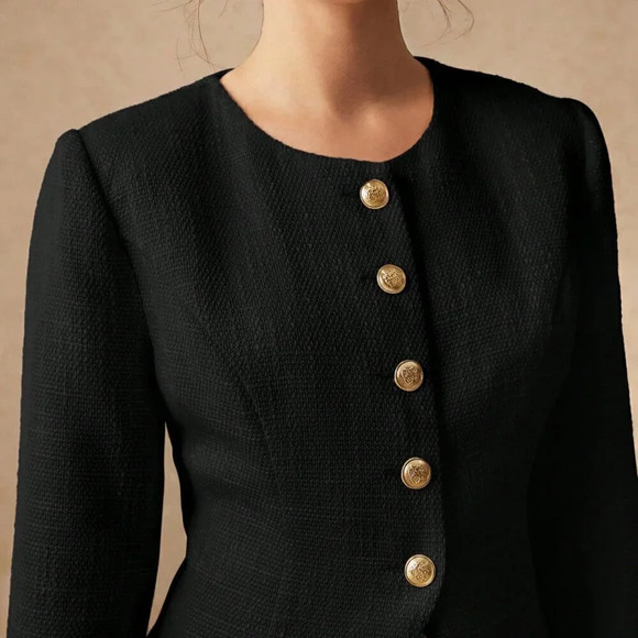 Black Elegant Women's Round Neck Split Cuff Jacket - Picture 7 of 7